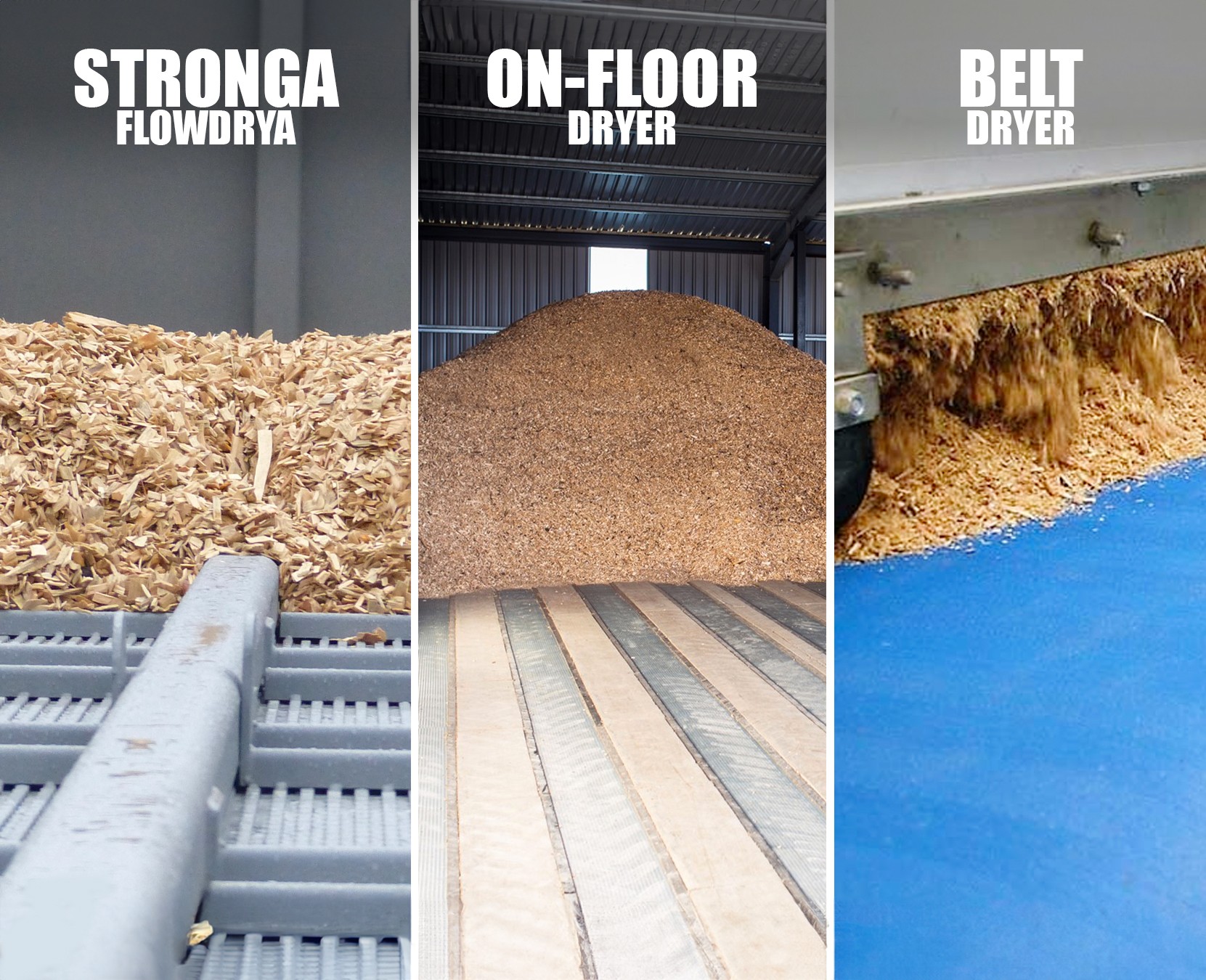 FlowDrya, Belt Dryer and On-Floor Dryer comparison